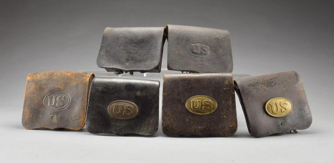 6 CIVIL WAR CARTRIDGE BOXES.: This group includes 3 M1858 cartridge boxes, all having oval â€œUS” buckles on the front flap. 2 Have interior tins, 1 is missing the tins. All have both buckles on the bottom & reasonably s