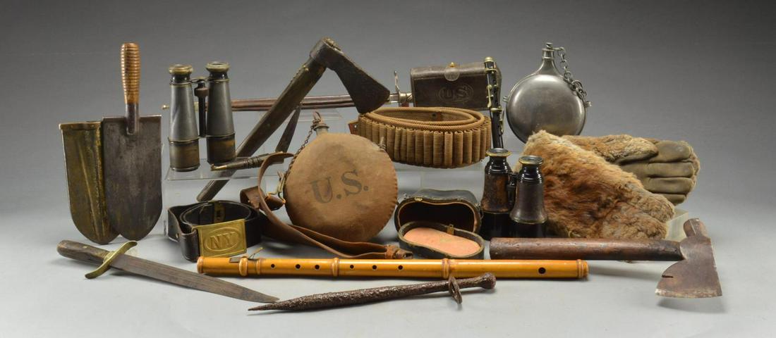 CIVIL WAR KNAPSACK, DUG RELICS & ASSORTED: MILITARIA & RELATED ITEMS FROM VARIOUS PERIODS. 1) CIVIL WAR KNAPSACK & ASSORTED EXCAVATED RELICS. This lot consists of a Civil War period tarred canvas knapsack. / 1 Dug Enfield bayonet. / 1 1860â��