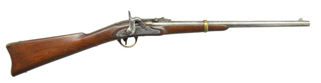 MERRILL BREECHLOADING PERCUSSION CARBINE.: Cal. 54. S# 15782. Bbl. 22 1/8" rnd. Blade front sight w/ 2 leaf rear sight. Single shot action is operated by lifting lever & pulling backwards to expose chamber. 1863 Dated lock is marked "J. H. MER