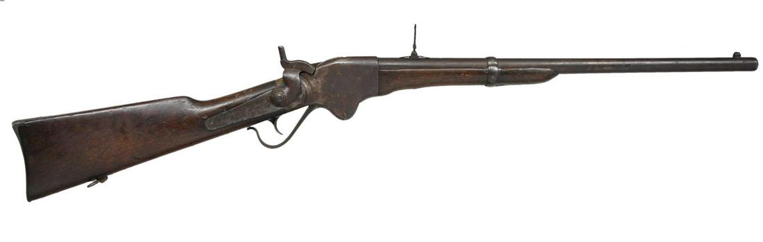 IDENTIFIED SPENCER CIVIL WAR MODEL 1860 LEVER: ACTION REPEATING SRC. Cal. 52 (56-56). S# 11530. Bbl. 22" w/ German silver blade front sight & folding leaf rear sight. Lever operated action w/ lock & hammer on right side having saddle ring & bar on