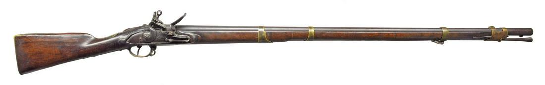 GOOD MID 18TH CENTURY FOUR BAND GERMAN (HESSIAN): FLINTLOCK MUSKET. Cal. 75. NSN. Unmarked 42 1/2" bbl. has bayonet lug at bottom near muzzle. Lock w/ slightly arched & rounded plate is fitted w/ rnd. bodied serpentine cock, bridled friction frizzen 