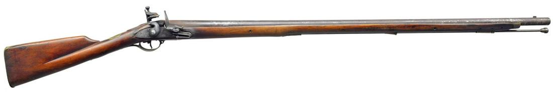 REVOLUTIONARY WAR ERA AMERICAN ASSEMBLED FLINTLOCK: MUSKET. Cal. 69. NSN. Bbl. 40" rnd., totally unmarked, assembled w/ mix of British style 18th century Brown Bess & other furniture, carved molding rear of tang. CONDITION: good to very good overall, l