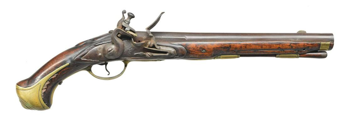 FINE DANISH (FREDERICK V 1746-1766) HEAVY DRAGOON: FLINTLOCK PISTOL. Cal. 69. NSN. Bbl. 12 3/8" oct. to rnd. w/ brass barley corn front sight marked NO. 84 & F41 on top left flat. Rounded arched lockplate features heavy rnd. bodied serpentine cock, in