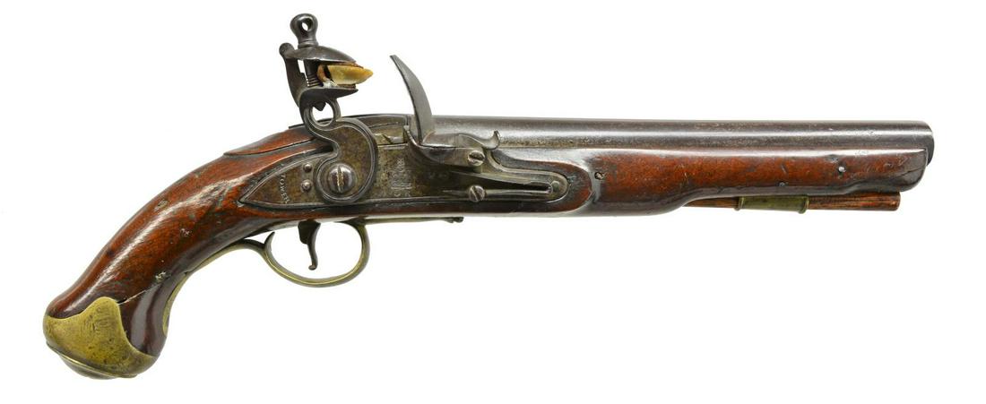 CIRCA 1800 BRITISH LIGHT DRAGOON FLINTLOCK PISTOL.: Cal. 69. NSN. Bbl. 9". 15 1/4" Overall. Bbl. has London proofs on left side of breech. Lock w/ flat supported hammer, â€œTOWER” at tail. Kings crown over â€œGR” cipher forward of c