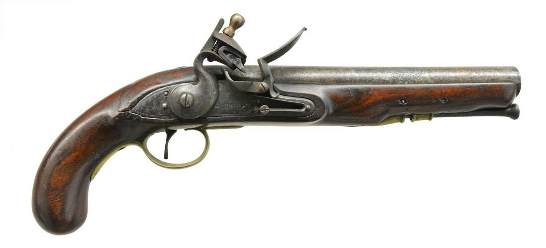 HENRY NOCK PATTERN 1796 HEAVY DRAGOON FLINTLOCK: PISTOL. Cal. 75. NSN. Bbl. 9" rnd. 15" Overall. Bbl. has London proofs on left side of breech. Identical to military inspected examples, w/ brass furniture & no butt cap. Ramrod thimble, short pipe, i