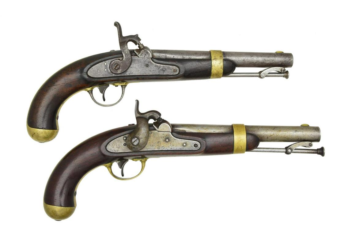 PAIR OF 1849 DATED H. ASTON CONTRACT MODEL 1842: DRAGOON PISTOLS. BOTH: Cal. 54. NSN. Bbls. 8 1/2". These pistols were originally issued in pairs w/ pommel holsters for dragoons & officers. 1) Gun 1 is all original & very good overall w/ crisp marki