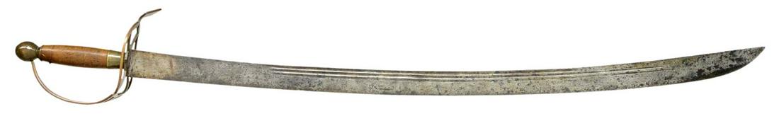 FRENCH & INDIAN WAR TO REVOLUTIONARY WAR ERA WAGON: WHEEL DRAGOON SABER. Overall length: 39 1/8". Blade length: 33 1/2". A triple fullered curved blade typical of early blades imported to this country from Europe. The brass hilt is in wagon wheel form