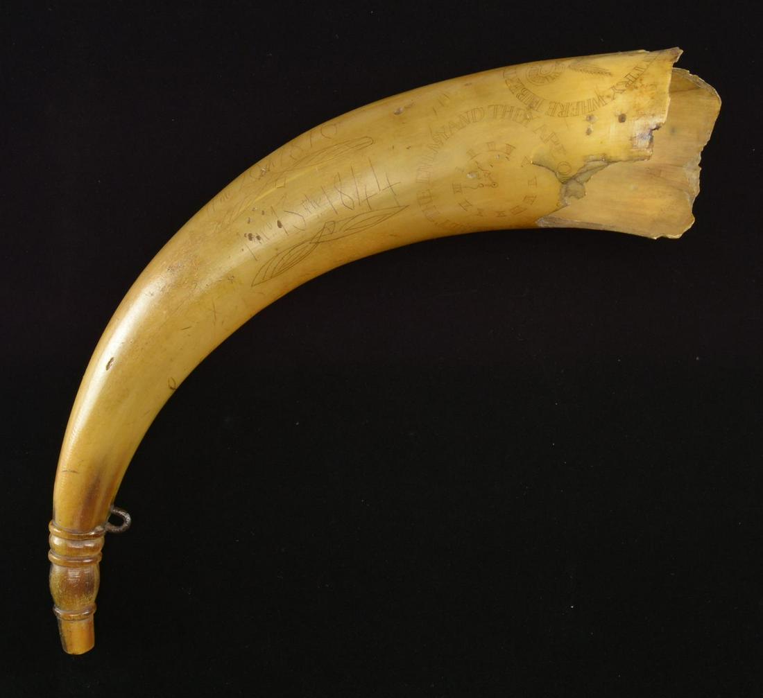 WAR OF 1812 ERA WILLIAM BARTLETT CARVED POWDER: HORN. Horn measures approx. 13 1/8" in length. This horn was engraved in 2 periods. It was engraved during the War of 1812 w/ exemplary circular engravings followed by a subsequent engraving likely by