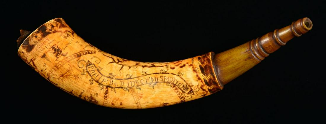 PHILIP BEDINGER MAP HORN 1756.: 18" Horn carved â€œPhilip Bedinger His Horn 1756” w/ map of upstate New York, Fort William Henry to the south, Niagara to the north, caricatures of Indians. This horn is being sold as-is and