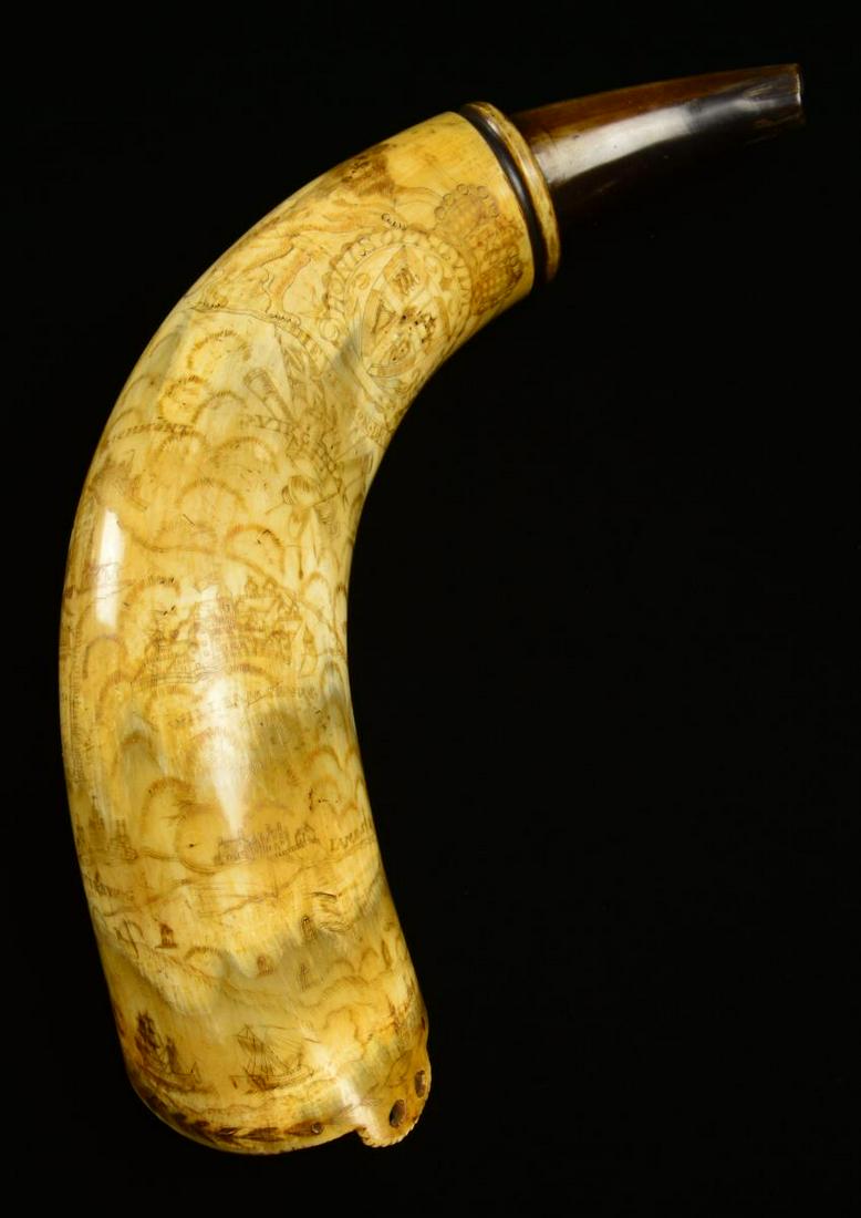 REVOLUTIONARY WAR DATED VIRGINIA MAP HORN.: Horn measures 15 1/2", carved coastline w/ Portsmouth, Norfolk w/ ships going inland on James river, Williamsburgh, Yorktown, Richmond & more. Central panel "LT. HENRY COLLINS HIS HORN 1775". UNATTACH