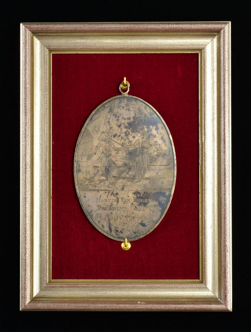 VAN BUREN PEACE MEDAL.: 141 x 98mm Silver oval Martin Van Buren peace medal w/ extra inscription "BLACK HAWK 1838". There is a small file of research notes. No known similar medals. Sold as-is w/ no warranty as to date made.
