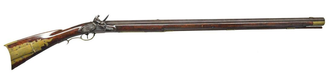 HEAVY BBL. TARGET "KENTUCKY" RIFLE ATTRIBUTED TO: JOHN DERR OF BERKS COUNTY PENNSYLVANIA. Cal. 62. NSN. Heavy (1 1/4" across flats) oct. bbl., likely made by William Pannebecker of Mohnton area, Berks County, measures 39" & is fitted w/ v-notch rear