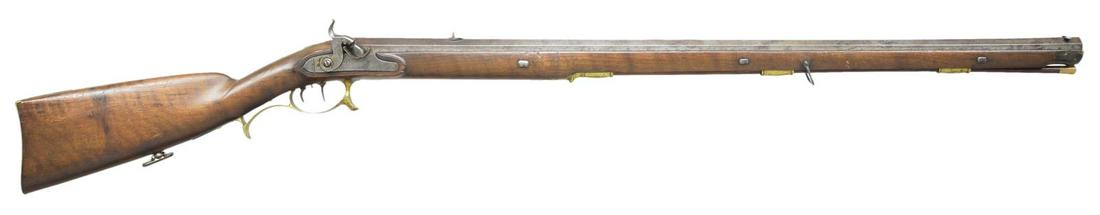 GERMANIC JAEGER RIFLE CONVERTED TO PERCUSSION.: Cal. 700. NSN. Bbl. 34" oct., deeply swamped w/ folding leaf U-notch rear & steel bead front sights is unmarked except for crowned "M" proof on left side. Bbl. is converted to percussion w/ shaped dru