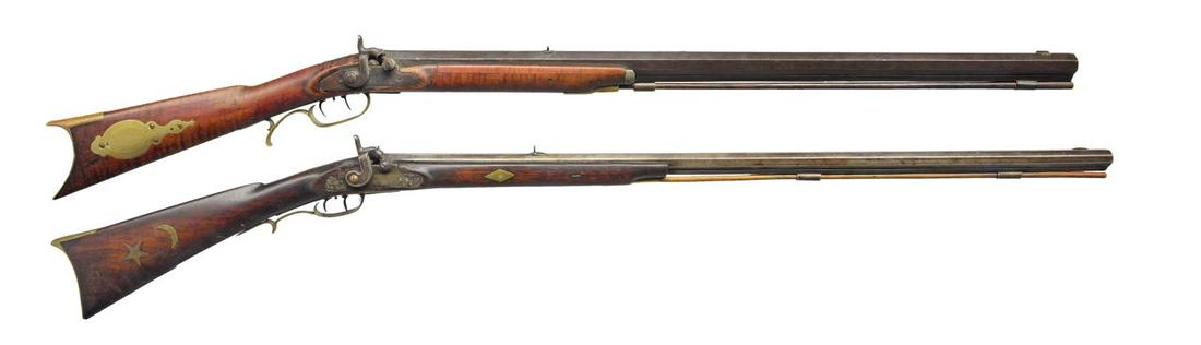 2 PERCUSSION HALF STOCK RIFLES.: 1) LARGE CALIBER PERCUSSION PLAINS RIFLE BY CHILD & CO. OF ST. LOUIS. Cal. 56. NSN. Bbl. 33 1/4", heavy oct., under rib is fitted w/ V-notch rear & brass blade front sights. Top flat behind rear sight