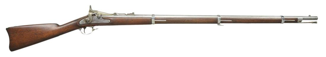 SPRINGFIELD 1866 2ND ALLIN TRAPDOOR RIFLE.: Cal. 50-70. NSN. Bbl. 36 5/8". 1863 Dated Springfield lock. Barleycorn front sight w/ single leaf rear sight. 3 Band walnut stock w/ iron buttplate, trigger guard, sling swivels & forearm cap. Slotted