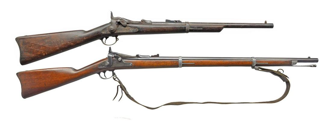 SPRINGFIELD 1866 2ND ALLIN & 1884 TRAPDOOR RIFLES.: 1) 1866 SECOND ALLIN. Cal. 50-70. NSN. Bbl. shortened to 26 7/8". Pinned blade front sight & leaf rear sight. Breech block dated 1866. Springfield lock is dated 1865. Left side of bbl. near breech sta