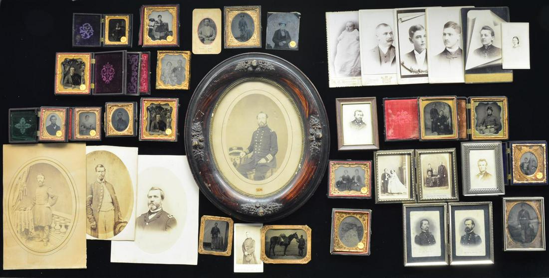 LARGE GROUPING OF CIVIL WAR ERA PHOTOGRAPHS.: 1) Framed oval albumin identified to USN Capt. Henry eagle, US frigate Santee, 5 x 7" image, old gesso frame about 12 x 17". CONDITION: good to very good overall. 2) Quarter plate tintype of soldier h