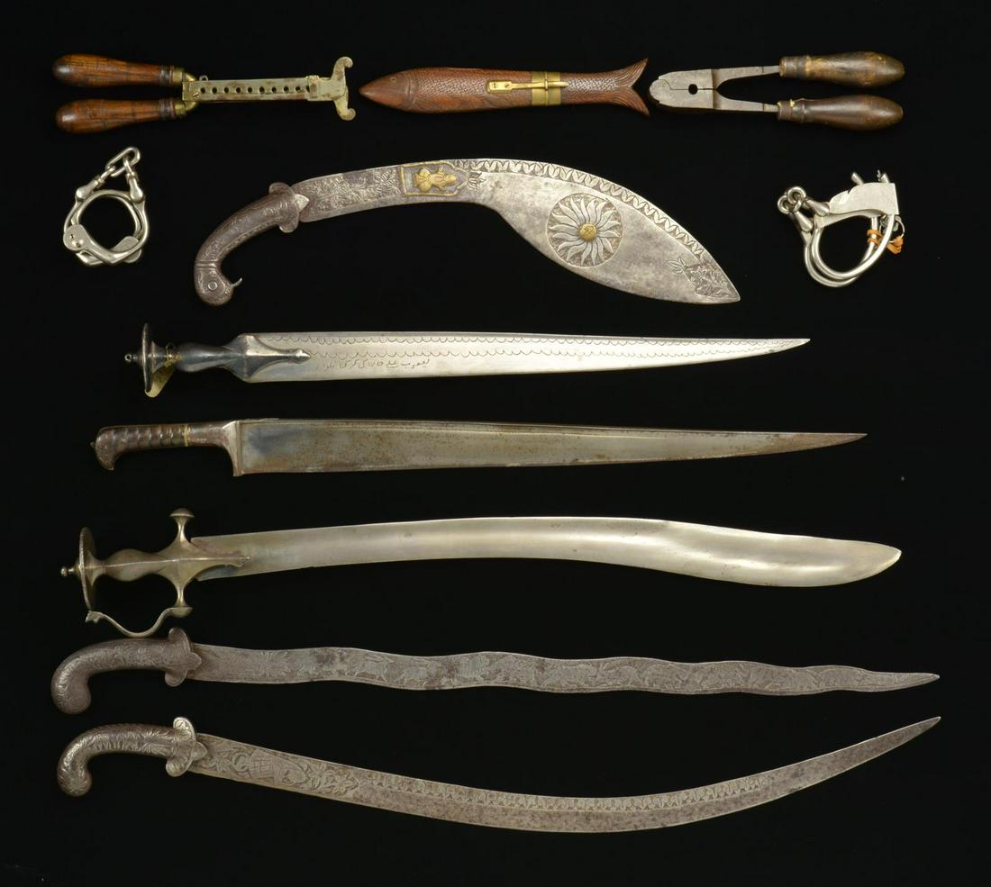 MIDDLE EASTERN / INDIAN SWORDS, BULLET MOLDS &: HAND CUFFS. 1) 26" Blade forward curving fullered blade sword w/ cast handle "D" guard handle & disk hilt. Likely Indian in origin. CONDITION: sharpened blade has been cleaned w/ scattered oxidation &