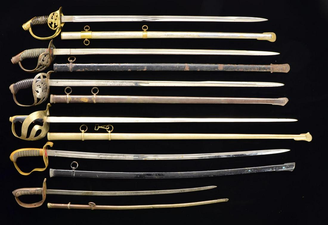 12 EUROPEAN SWORDS & SABERS.: 1) M1904 AUSTRIAN CAVALRY. Overall length: 42". Blade length: 34". Quill back blade has various numbers & symbols stamped at the ricasso. Sheet iron guard w/ numerous round piercings. Sharkskin wrappe