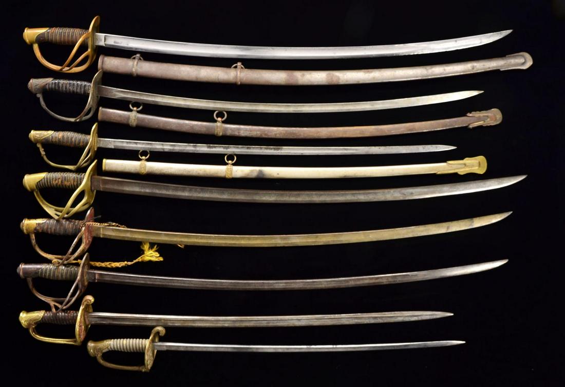 8 AMERICAN MILITARY SWORDS.: 1) Fine 1862 dated Millard, Claysville, NY contract Model 1860 US cavalry saber. CONDITION: very good overall, 35" blade retains much of its original luster, crisp markings, grip is worn, missing much