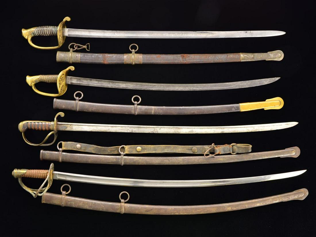 LARGE GROUP OF 19TH CENTURY SWORDS AND SCABBARDS.: 1) Republic of Mexico etched quill back blade mounted saber w/ leather covered hilt, 32" decorated w/ patriotic panels including Mexican Eagle w/ snake & cactus. CONDITION: good to very good overall,