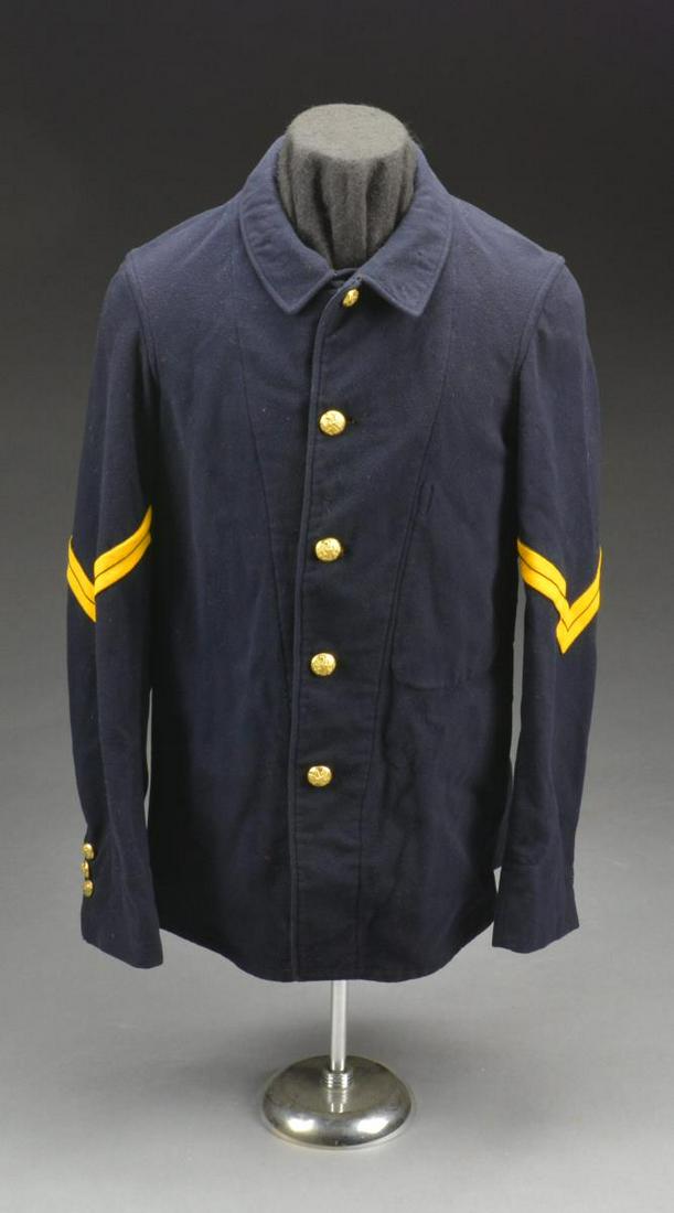 POST CIVIL WAR US UNIFORM COATS, PANTS & A CAPE.: 1) SACK COAT. An Indian War period enlisted 5 button sack coat w/ corporal of cavalry chevrons on each sleeve. The 5 buttons down the front are typical enlisted eagles. Each sleeve has 3 sm. enlisted 