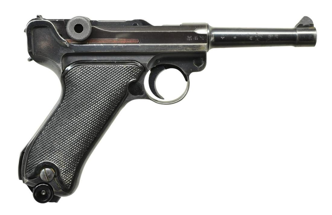 MAUSER byf "BLACK WIDOW" LUGER SEMI-AUTO PISTOL.: Cal. 9mm Luger. S# 234s. Bbl. 4" w/ fin shaped front sight & notched toggle rear. Chamber marked "41" & front toggle marked "byf"plus left flat of frame marked "P.08". Eagle 655 proofs, no sear safety