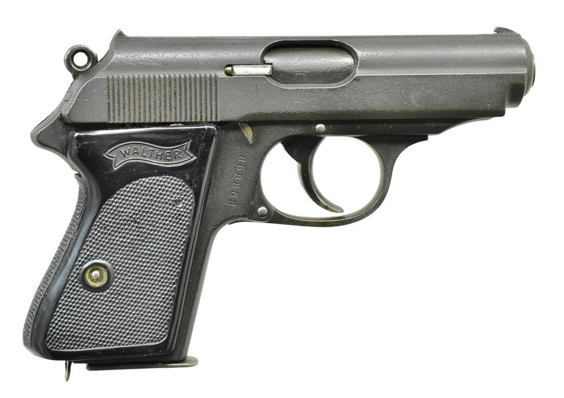 WALTHER PREWAR MODEL PPK SEMI-AUTO PISTOL.: Cal. 32 ACP. S# 868863. Bbl. 3 1/4". Mfg. 1935 w/ crown N proofs. Lanyard loop at butt & Franzite replacement grips w/ Walther banner. MAGS: 1 good 7 rd. w/ Walther banner on side & patina base. CONDI