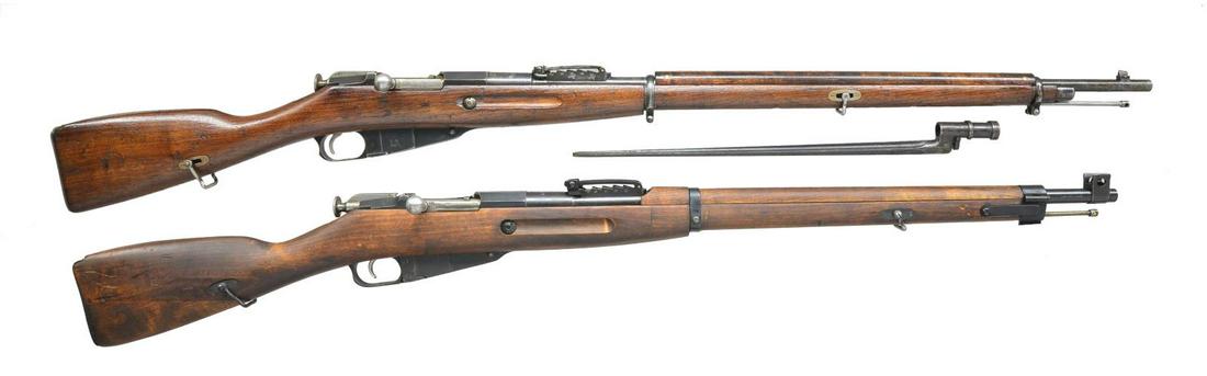 2 MOSIN NAGANT BOLT ACTION MILITARY RIFLES.: 1) REMINGTON CONTRACT MODEL 1891. Cal. 7.62x54R. S# 222868. Bbl. 31 1/2". Numbers match on bbl., bolt, floorplate, buttplate. Straight bolt handle. Hexagon receiver marked w/ imperial eagle. Bbl. rein