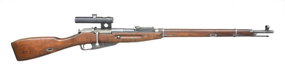 WORLD WAR II RUSSIAN BOLT ACTION SNIPER RIFLE.: Cal. 7.62x54 R. S# RK2207. Bbl. 28 1/2". S# matches on bbl., bolt, buttplate & floorplate. Faint â€œ14 L” appears on right side of bbl. behind front sight, this could possibly be an import m