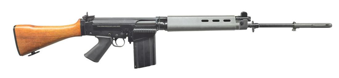 VERY DISERABLE G SERIES FN FAL SEMI AUTO RIFLE.: Cal. 308 Win. S# G3047. Bbl. 24" over factory flash brake. The G series FAL is probably the most coveted of this family of firearms. Shortly after importation began from Belgium, it was determined tha