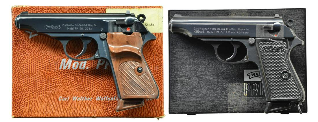 2 WALTHER MODEL PP SEMI-AUTO PISTOLS; 22 LR & 380: ACP. BOTH: bbls. 3 7/8". Made in West Germany w/ blued steel frames & checkered plastic grips. Eagle N proofs & matching numbered slides. Flat topped serrated slides w/ fixed dot front sights & drift 