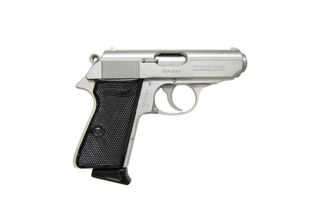 CLEAN POST WAR WALTHER PPK/S 380 PISTOL.: Cal. 380. S# S042000. Bbl. 3". Stainless steel frame & slide w/ black plastic grips. â€œINTERARMS” import. Serrated slide. Fixed sights. Left side safety decocker. Traditional dbl. action. U