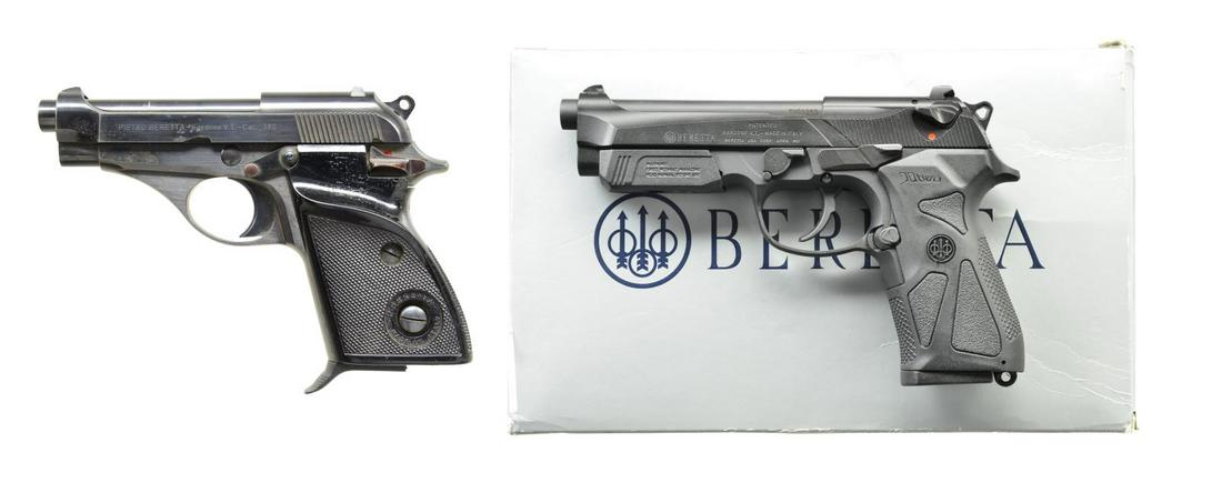 2 BERETTA SEMI-AUTO PISTOLS; 70S & 90TWO.: 1) 70S. Cal. 380 ACP. S# A03175Y. Bbl. 3 1/2". Mfg. 1974 & discontinued 1985. Garcia import marked. Checkered logo black plastic grips w/ RH thumbrest. SA functioning w/ thumb safety & drift adj. rear