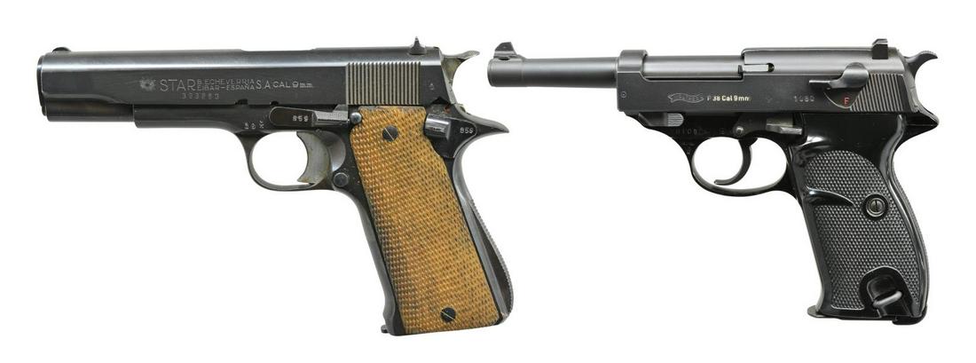 2 EUROPEAN 9MM LUGER SEMI-AUTO PISTOLS.: BOTH: cal. 9mm Luger. 1) STAR MODEL B. S# 393859. Bbl. 5" w/ flaming bomb proof & marked "Cal.08". Mfg. 1952 (1934-1975) w/ all matching #s to include bbl. bushing, slide stop, safety lever & 1 of its