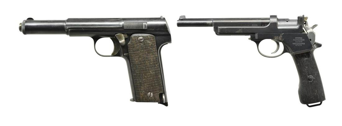 2 EUROPEAN SEMI-AUTO PISTOLS: ASTRA 400 &: MANNLICHER 1905. 1) ASTRA MODEL 1921 (400). Cal. 9mm Largo. S# 89859. Bbl. 6". Mfg. 1921-1945. Checkered wood grips w/ lanyard loop & mag. release at butt. Matching numbered rnd. slide w/ fixed sights