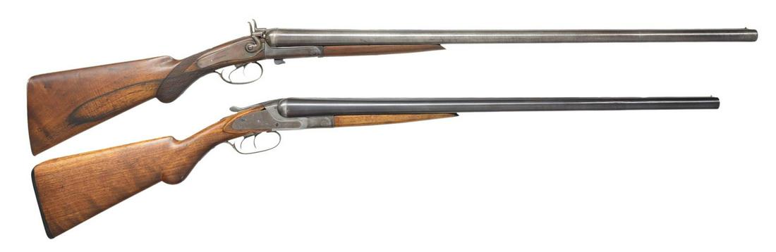 W. RICHARDS & BAKER SXS SHOTGUNS.: 1) W. RICHARDS. Cal. 12 Ga. NSN. Bbls. 30 1/8" of Twist steel w/ Cyl. bores. Side lever exposed hammer action w/ back action locks. Dbl. triggers. Extractors. Walnut splinter forearm & rnd. knob stock