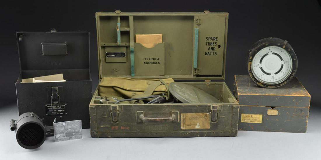 MINE DETECTOR, GAS MASK BOX, SEMAPHORE LIGHTS & A: SHIPâ€™S COMPASS. 1) MINE DETECTOR. An iron bound wooden box stenciled on the outside, â€œSIGNAL CORPS U.S. ARMY SCR-625-C ORDER NO. 17734-PHILA.-45-08 SERIAL NO. 5258”. Box measures ap