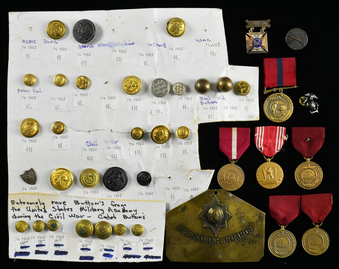 2 GROUPINGS OF MILITARIA.: 1) GROUP OF MILITARY BUTTONS, GOOD CONDUCT MEDALS & MORE. This varied group includes 28 uniform buttons including Navy, Marine Corps, NYNHRR, military academy, GAR & more. / 1 Brass key tag for the Br