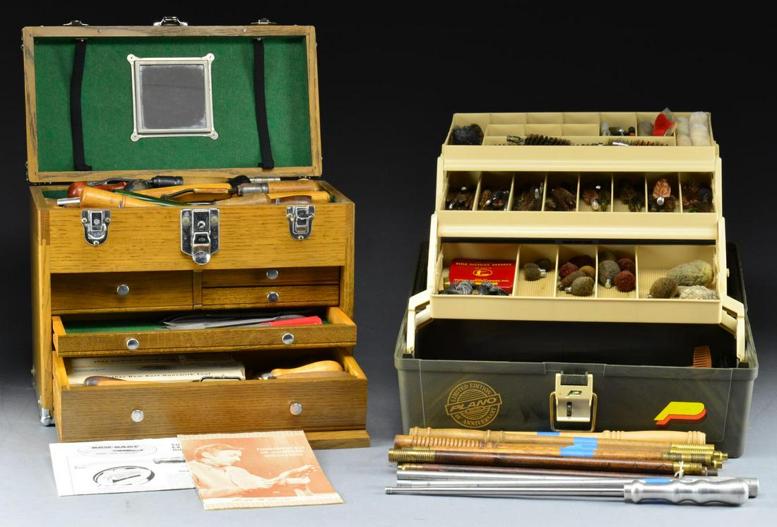 GROUP OF CHECKERING TOOLS & CLEANING EQUIPMENT.: 1) CHECKERING: Extensive set of checkering & stock working tools contained in a 14" X 11" X 7 1/2" oak chest w/ 5 sliding drawers. Many tools are dem-bart. Tools include riffler files, needle files, s