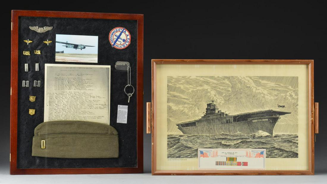 WWII ERA MILTARY INSIGNIA & MEMORABILIA.: 1) BLOOD CHIT. A WWII era blood chit depicting a Chinese flag w/ embroidered 12 pointed star in the center of the canton. 2) EMBROIDERY. A framed embroidery for a US marine featuring a helmeted bulldo