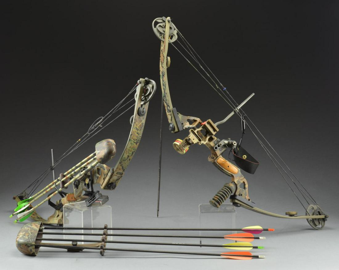 12 ARCHERY BOWS & ACCESSORIES.: 1) MARTIN JAGUAR PRO SERIES. Camoflauge finished compound bow w/ walnut grip inserts. 35-50 lb. draw weight. Cobra 3 pin sight w/ Tiger Guff arrow rest. Comes in injection molded foam lined hard case 