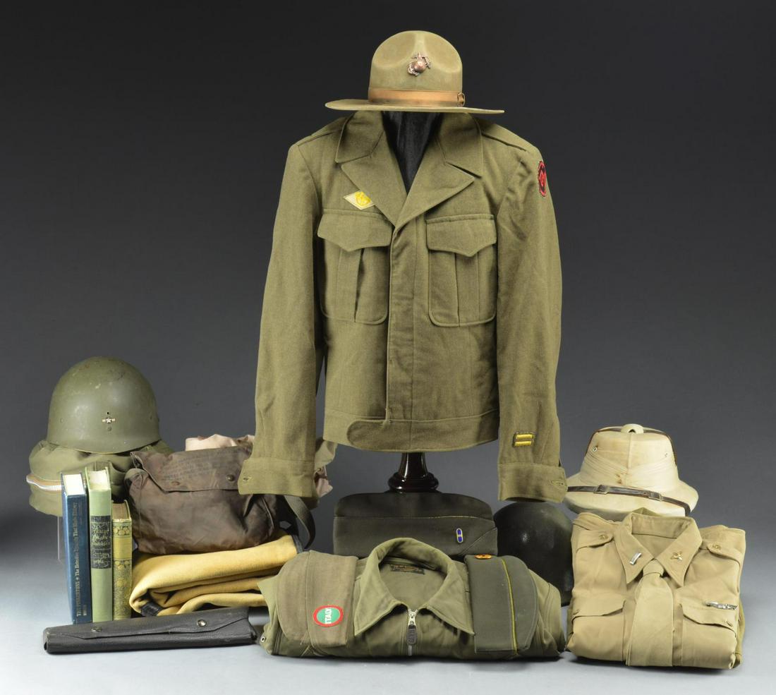 US MILITARY UNIFORMS, INSIGNIA, HEADGEAR & MUCH: MORE. This widely varied group consists of a WWII Fifth Air Force uniform shirt w/ navigator wings attached above the pocket. Collar insignia is correct for a 1st Lieutenant & tie is included. / 3 Boo