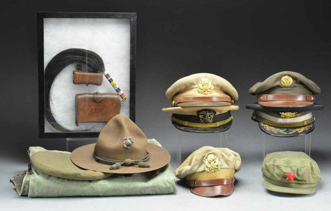 US MILITARY HEADGEAR, CARTRIDGE BOXES & MORE.: This varied lot includes 1 Native American horsehair fly wisk. / 1 Russet leather pistol cartridge box w/ â€œUS” embossed on the front & marked on the reverse, â€œROCK ISLAND ARSENAL 190