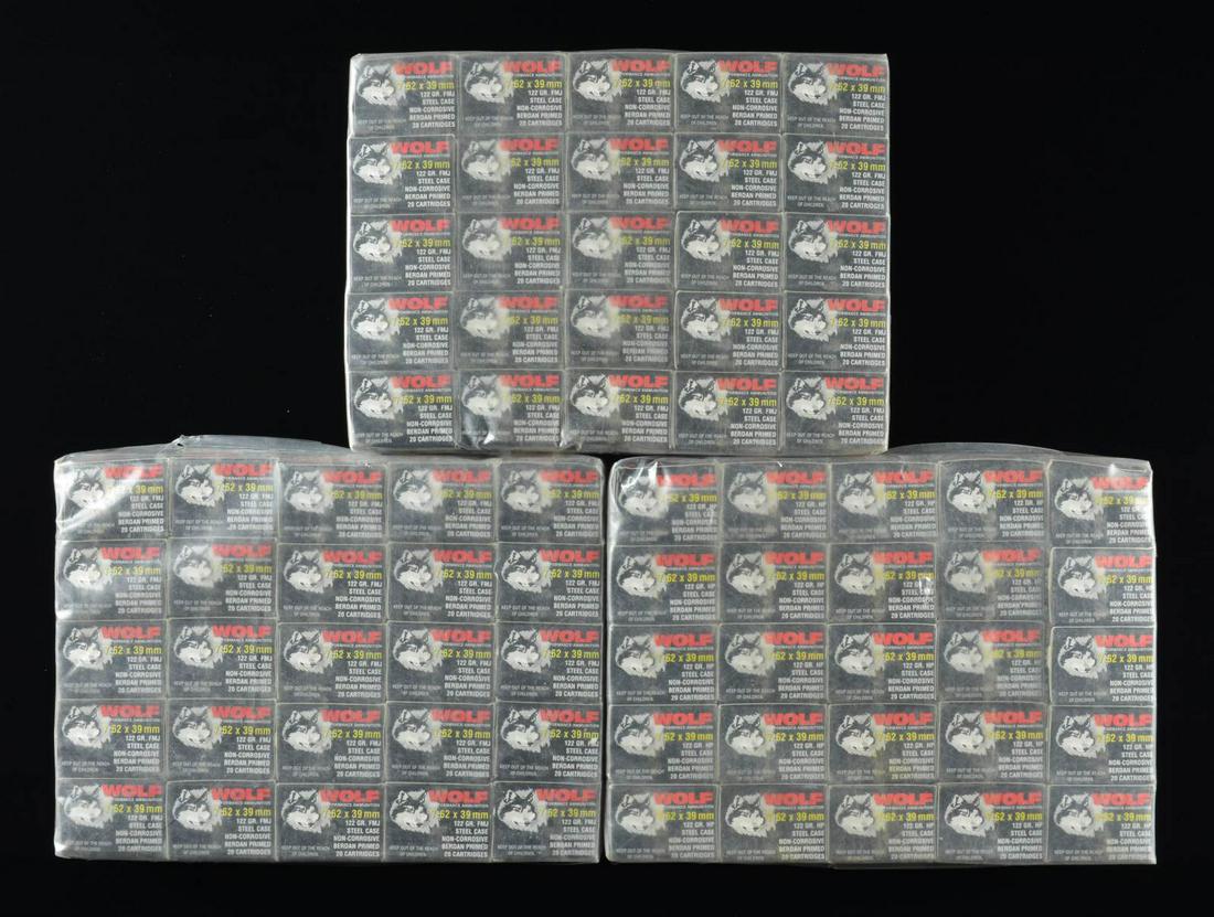 LARGE GROUP OF 7.62 X 39MM AMMO.: Lot contains hollow points. 1500 Rds. in 75 boxes of 20 of Wolf steel case Berdan primed rifle cartridges. 500 Are 122 grain hollow points. 1000 Are 122 grain FMJ. Ammunition made in Russia. CONDITION