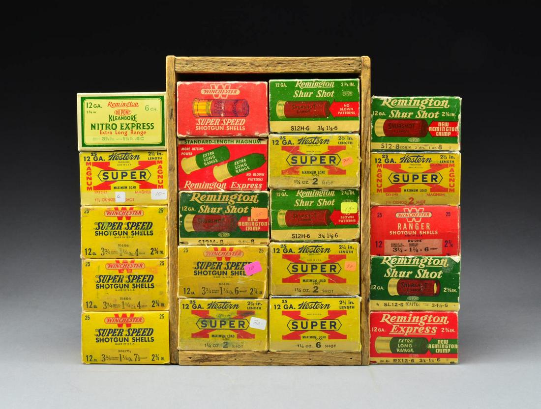INTERESTING PAPER SHOT SHELLS IN 20 ONE PIECE: BOXES. All are 25 rd boxes, 12 Ga, 2 3/4" shells. A wide variety of loadings & shot sizes. Lot includes wooden vintage wooden shot shell crate marking "REMINGTON Shur Shot / REMINGTON ARMS CO / BRIDGE