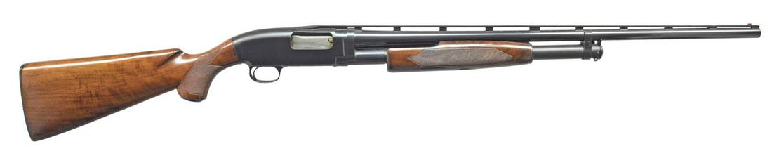 WINCHESTER MODEL 12 SKEET GRADE PUMP SHOTGUN.: Cal. 20 Ga., 2 3/4". S# 1936552. Bbl. 26" w/ factory 3 pin VR & duck bill extension. Fixed WS-1 choke. Red target front sight w/ steel mid bead. Beavertail forearm & steel capped pistol grip stock of