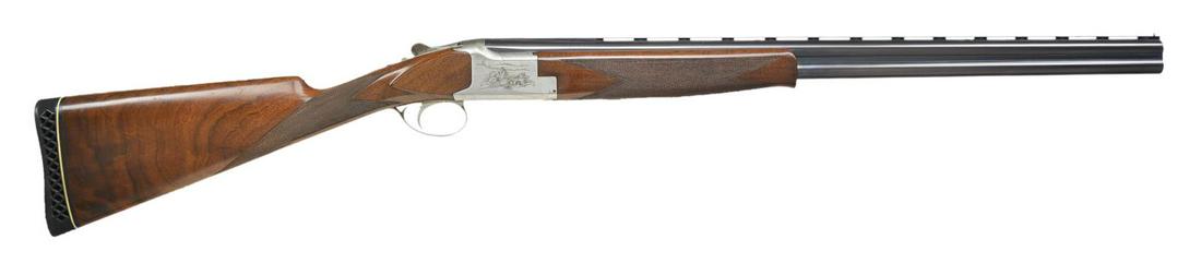BROWNING SUPERPOSED PRESENTATION SERIES SUPER: LIGHT O/U SHOTGUN. Cal. 20 Ga., 2 3/4". S# 823PZ12717. Bbls. 26 1/2" w/ 1/4" narrow VR. Steel bead. Fixed IC & Mod chokes. Satin gray finished boxlock action. Right side features upland scene w 2 flyi