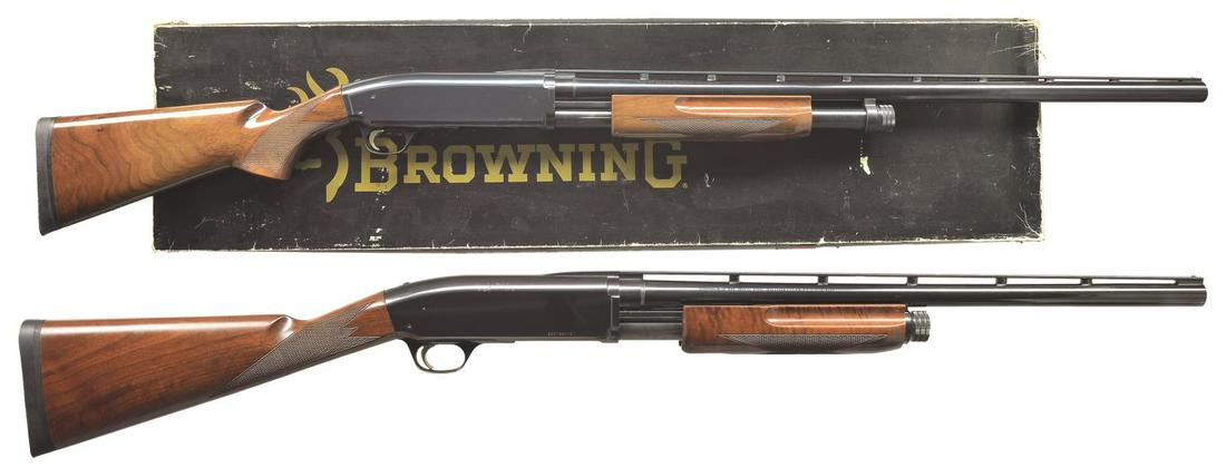 BROWNING BPS MAGNUM HUNTER & UPLAND SPECIAL PUMP: SHOTGUNS. 1) MAGNUM HUNTER. Cal. 10 Ga., 3 1/2". S# 35770PP192. Bbl. 30" VR w/ Invector chokes, IC, Mod. & Full tubes included. Bottom ejection action w/ sliding top safety & gold finished trigger. Ch