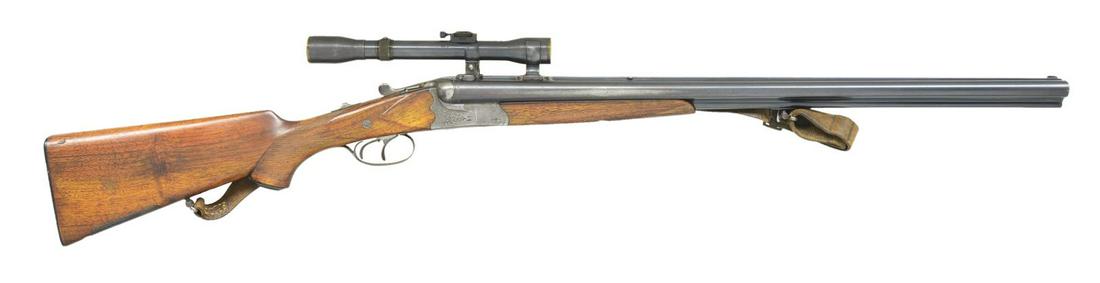 BLITZ ACTION O/U COMBO BY HEINRICH MORITZ WITH: SCOPE. Cal. 16 Ga., 2 1/2" / 8x57JR. S# 6045. Bbls. 26 3/4" have flip up rifle/shotgun sight, silver bead front & claw mt. scope bases on full length matted rib. Top shotgun bbl. engraved "HEINR MORIT